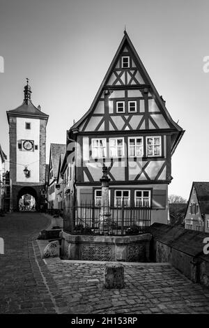 Old houses in Rothenburg ob der Tauber, Germany.  Black and white german cityscape Stock Photo