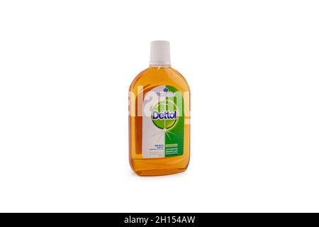 Dettol Antibacterial Disinfectant isolated white background. Kills 99.9% of germs and harmful bacteria on household surfaces to protects from infectio Stock Photo