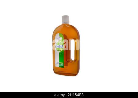 Dettol Antibacterial Disinfectant isolated white background. Kills 99.9% of germs and harmful bacteria on household surfaces to protects from infectio Stock Photo