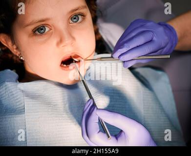 Close up of child with open mouth looking at camera while dentist's hands in sterile gloves examining little girl teeth with dental explorer and mirror. Concept of pediatric dentistry and dental care. Stock Photo