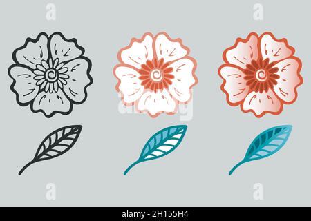 Orient flower icon set, hand drawn ink brush strokes. Images in outline mode, blue coral red colors, gradient colored. Doodle sketch style design Stock Vector