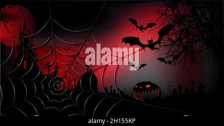 Halloween party banner, spooky dark red background, silhouettes of characters and scary bats with gothic haunted castle, horror theme concept, silver Stock Vector
