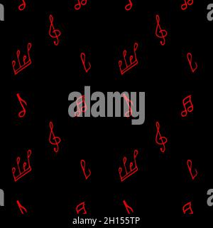 Black background with red notes and treble clef. Pattern for wrapping paper.  Stock Vector