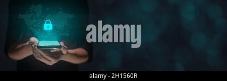 Internet security concept with world map and lock hologram over smartphone with copy space Stock Photo