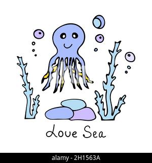 Close-up of an octopus with algae, air bubbles and stones. Lettering Love sea. Colored vector illustration in doodle style. Stock Vector