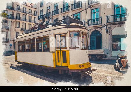 Watercolor drawing of Famous yellow tram 28 in Lisboa Lisbon on Largo Luis de Camoes square, Portugal Stock Photo