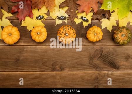 Autumn decor of pumpkin and yellow maple leaves on a wooden background with copy space. Halloween decor. Stock Photo