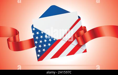 Envelope with USA flag print and red satin ribbon, flying on red gradient background. Official, patriotic, US government message, concept vector illustration with copy space. Stock Vector