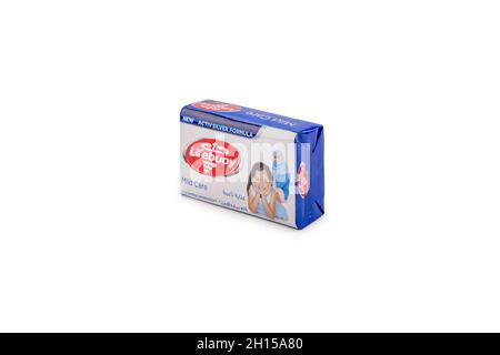 Lifebouy anti-bacterial soaps on isolated background. Most popular soap products in India and Pakistan Stock Photo