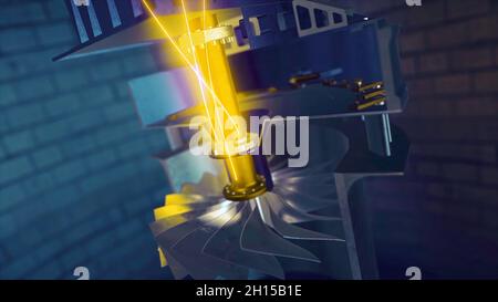 Abstract animation of golden neon lights going through the mechanism. Industry and manufacturing