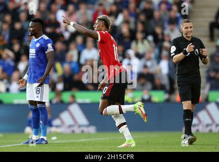 Leicester, England, 16th October 2021.  Marcus Rashford of Manchester United celebrates his goal during the Premier League match at the King Power Stadium, Leicester. Picture credit should read: Darren Staples / Sportimage Stock Photo