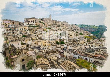 Watercolor drawing of Matera panoramic view of historical centre Sasso Caveoso of old ancient town Sassi di Matera with rock cave houses, UNESCO World Stock Photo