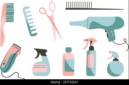 Hair dryer, combs, combs, scissors, hair clipper, styling sprays. Objects isolated on white background, cartoon style. Set of vector illustration Stock Vector