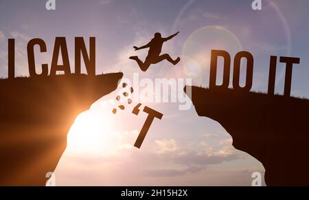 I can't do it and I can do it concept. Man jumping over cliff on sunset background. Business concept idea Stock Photo