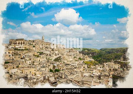 Watercolor drawing of Matera panoramic view of historical centre Sasso Caveoso Sassi old ancient town with rock houses with blue sky white clouds, Eur Stock Photo