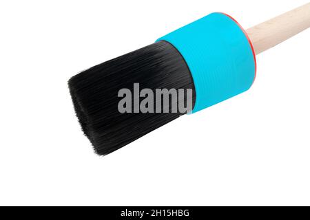 Blue brush for car washing isolated on white background. Brush for cleaning car interior. Car detailing accessory. Stock Photo
