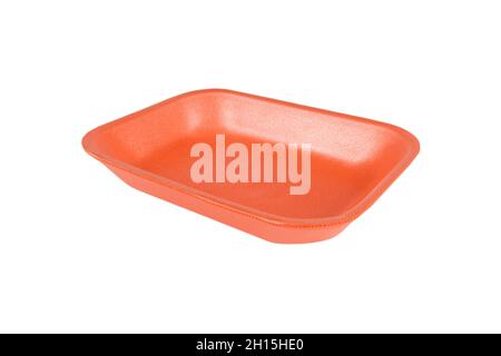 Disposable red plastic lunch box container isolated on white background. Plastic container isolated. Single-use plastic packaging Stock Photo