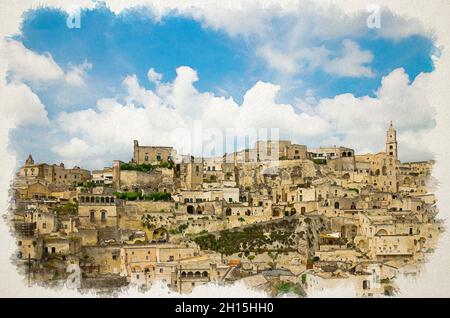 Watercolor drawing of Sassi di Matera panoramic view of historical centre Sasso Caveoso of old ancient town with rock cave houses in front of blue sky Stock Photo