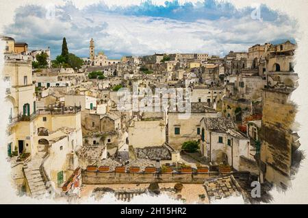 Watercolor drawing of Matera panoramic view of historical centre Sasso Barisano of old ancient town Sassi di Matera with rock cave houses, UNESCO Worl Stock Photo