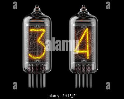 Nixie tube indicator. Number 3 three and 4 four on black background. 3d illustration Stock Photo