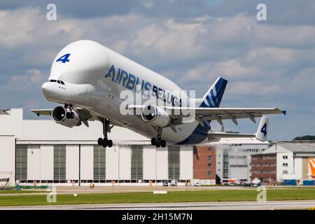 Hamburg, Germany - July 5, 2017: Airbus factory Beluga cargo plane at airport. Air freight and shipping. Aviation and aircraft. Transport industry. Gl Stock Photo