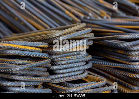 Steel Rebars for reinforced concrete. Steel reinforcement bar texture in construction site. Stock Photo