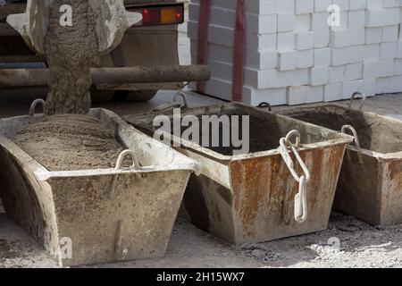 Cement mortar in construction tanks. Cement mortar for brickwork Stock Photo
