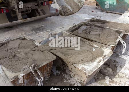 Cement mortar in construction tanks. Cement mortar for brickwork Stock Photo