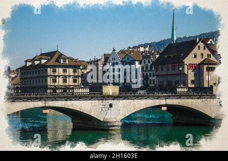 Watercolor drawing of Munsterbrucke Bridge over the river Limmat in the historic city center of Zurich, Canton of Zurich, Switzerland Stock Photo