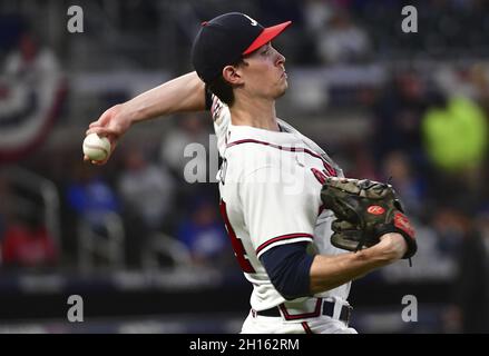 Atlanta, United States. 16th Oct, 2021. Atlanta Braves starting pitcher Max Fried warms up prior to playing the Los Angeles Dodgers in game one of the MLB NLCS at Truist Park on October 16, 2021 in Atlanta, Georgia. Photo by David Tulis/UPI Credit: UPI/Alamy Live News Stock Photo