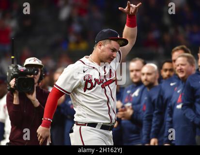 Atlanta, USA. 05th Nov, 2021. Outfielder Joc Pederson addresses fans at a  ceremony after a parade to celebrate the World Series Championship for the Atlanta  Braves at Truist Park in Atlanta, Georgia
