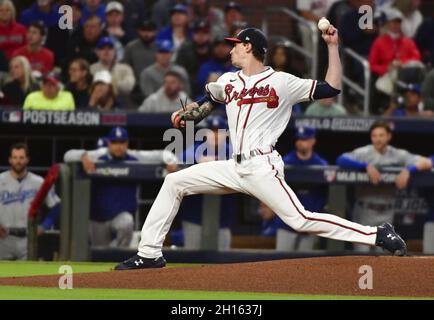 Atlanta, United States. 16th Oct, 2021. Atlanta Braves starting pitcher Max Fried throws against the Los Angeles Dodgers during the first inning in game one of the MLB NLCS at Truist Park on October 16, 2021 in Atlanta, Georgia. Photo by David Tulis/UPI Credit: UPI/Alamy Live News Stock Photo