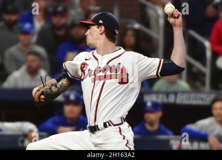 Atlanta, United States. 16th Oct, 2021. Atlanta Braves starting pitcher Max Fried throws against the Los Angeles Dodgers during the first inning in game one of the MLB NLCS at Truist Park on October 16, 2021 in Atlanta, Georgia. Photo by David Tulis/UPI Credit: UPI/Alamy Live News Stock Photo