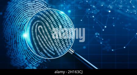 Magnifying glass and Biometrics authentication technology with binary code. Fingerprint digital technology, Digital verification access, and Cyber acc Stock Photo