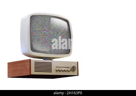 An old fashion television on a white background with static noise on the screen. Stock Photo