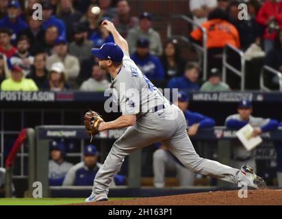 Atlanta, United States. 16th Oct, 2021. Los Angeles Dodgers Corey Knebel throws against the Atlanta Braves during the first inning in game one of the MLB NLCS at Truist Park on October 16, 2021 in Atlanta, Georgia. Photo by David Tulis/UPI Credit: UPI/Alamy Live News Stock Photo