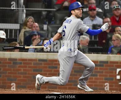 Atlanta, United States. 16th Oct, 2021. Los Angeles Dodgers second baseman Trea Turner singles in the third inning against the Atlanta Braves in game one of the MLB NLCS at Truist Park on October 16, 2021 in Atlanta, Georgia. Photo by David Tulis/UPI Credit: UPI/Alamy Live News Stock Photo