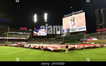 Atlanta, United States. 16th Oct, 2021. The National Anthem play before the start of the Los Angeles Dodgers-Atlanta Braves game one of the MLB NLCS at Truist Park on Saturday, October 16, 2021 in Atlanta, Georgia. Photo by David Tulis/UPI Credit: UPI/Alamy Live News Stock Photo