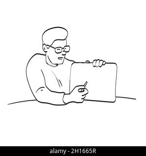 line art man with glasses pointing on blank space in tablet illustration vector isolated on white background Stock Vector