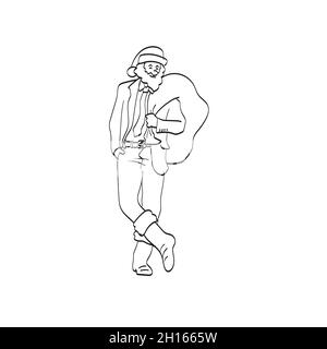 line art businessman in Santa Claus costume with big bag illustration vector isolated on white background Stock Vector