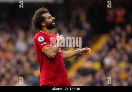 Watford. 17th Oct, 2021. Liverpool's Mohamed Salah celebrates scoring during the Premier League match between Watford and Liverpool in Watford, Britain, on Oct. 16, 2021. Credit: Xinhua/Alamy Live News Stock Photo