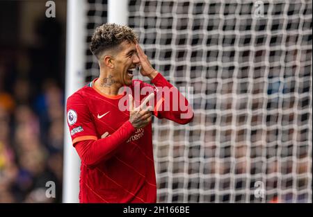 Watford. 17th Oct, 2021. Liverpool's Roberto Firmino celebrates after scoring during the Premier League match between Watford and Liverpool in Watford, Britain, on Oct. 16, 2021. Credit: Xinhua/Alamy Live News Stock Photo