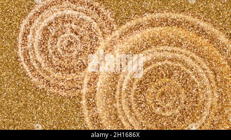 Water circles from drops on background of golden sand. Glittering background for product display. Vector illustration. Stock Vector