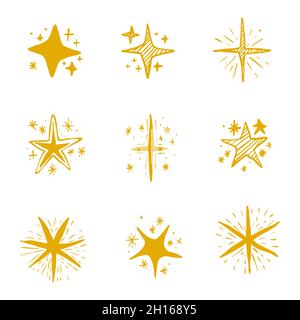 set of hand draw icon illustration shiny stars, sparkle stars, glitter stars Stock Vector