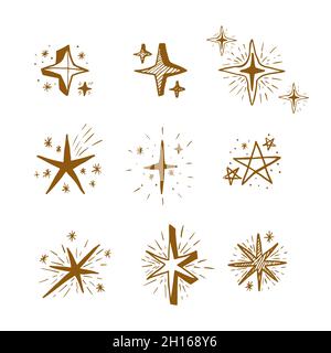set of hand draw icon illustration shiny stars, sparkle stars, glitter stars Stock Vector