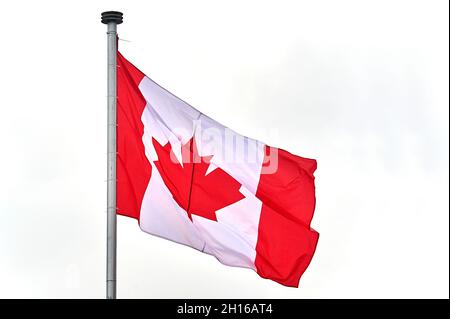 The flag of Canada hangs on the flagpole Stock Photo