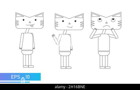 Cat or tiger line style. In full growth. Emotional fanny, hello and thinks. Symbol of 2022 year. Isolated on a white background. Flat vector Stock Vector