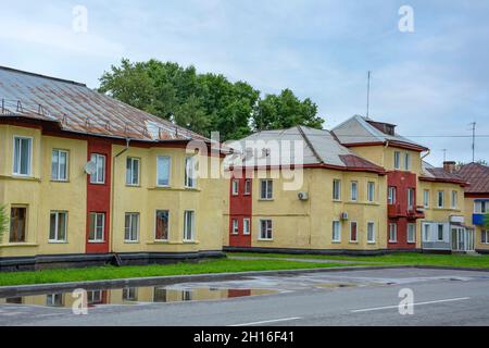 Old houses on the main street of the city of Guryevsk, Kemerovo region-Kuzbass Stock Photo