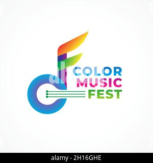 Color Music Fest. Colorful Abstract Musical Note with Strings Vector Illustration. Letter CF Alphabet Initial Logo Design Concept. Green Blue Pink Pur Stock Vector