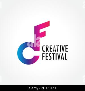Letter CF Alphabet Initial Logo With Musical Note Design Concept. Colorful Blue Pink Purple Violet Gradient. Suitable For Artist Management Company Stock Vector